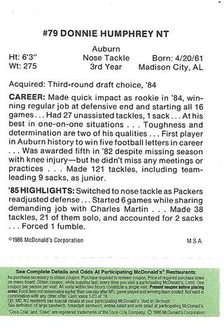 1986 McDonald's Green Bay Packers - Full Game Pieces - Week 4 Green Tab #NNO Donnie Humphrey Back