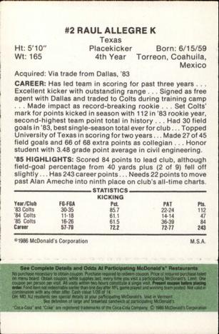 1986 McDonald's Indianapolis Colts - Full Game Pieces - Week 4 Green Tab #NNO Raul Allegre Back