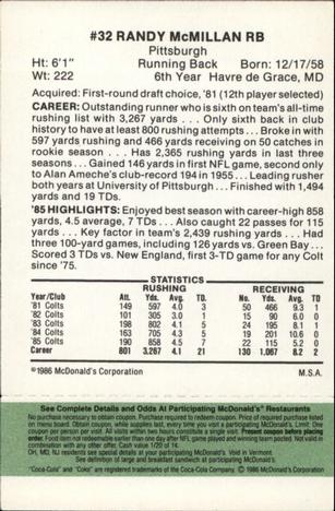 1986 McDonald's Indianapolis Colts - Full Game Pieces - Week 4 Green Tab #NNO Randy McMillan Back