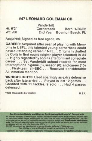 1986 McDonald's Indianapolis Colts - Full Game Pieces - Week 4 Green Tab #NNO Leonard Coleman Back