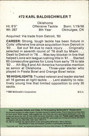 1986 McDonald's Indianapolis Colts - Full Game Pieces - Week 4 Green Tab #NNO Karl Baldischwiler Back