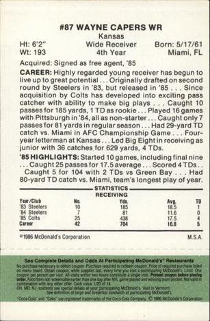 1986 McDonald's Indianapolis Colts - Full Game Pieces - Week 4 Green Tab #NNO Wayne Capers Back
