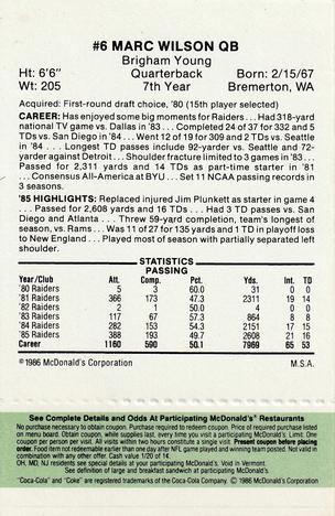1986 McDonald's Los Angeles Raiders - Full Game Pieces Green Tab #NNO Marc Wilson Back