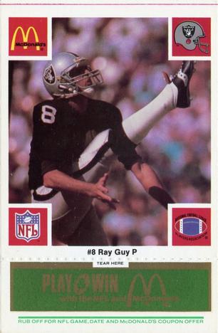 1986 McDonald's Los Angeles Raiders - Full Game Pieces Green Tab #NNO Ray Guy Front