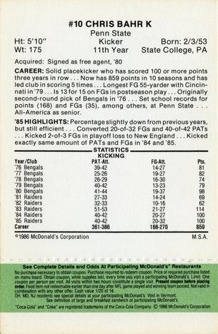 1986 McDonald's Los Angeles Raiders - Full Game Pieces Green Tab #NNO Chris Bahr Back