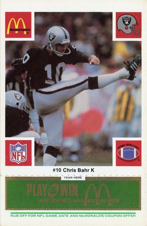 1986 McDonald's Los Angeles Raiders - Full Game Pieces Green Tab #NNO Chris Bahr Front