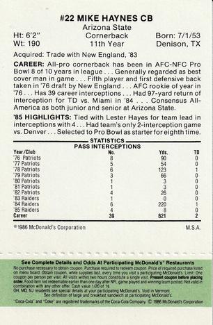 1986 McDonald's Los Angeles Raiders - Full Game Pieces Green Tab #NNO Mike Haynes Back