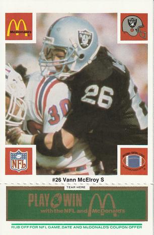 1986 McDonald's Los Angeles Raiders - Full Game Pieces Green Tab #NNO Vann McElroy Front