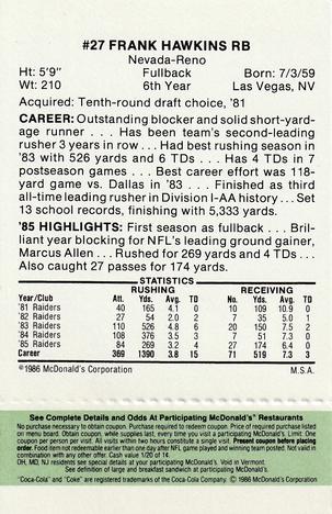 1986 McDonald's Los Angeles Raiders - Full Game Pieces Green Tab #NNO Frank Hawkins Back