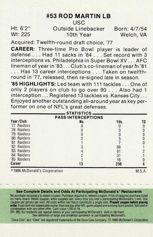 1986 McDonald's Los Angeles Raiders - Full Game Pieces Green Tab #NNO Rod Martin Back