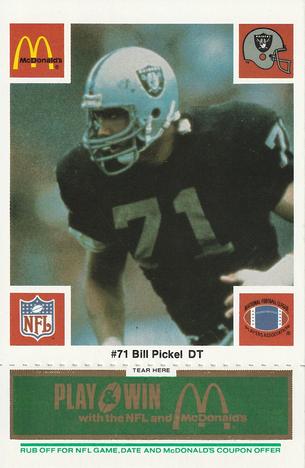 1986 McDonald's Los Angeles Raiders - Full Game Pieces Green Tab #NNO Bill Pickel Front