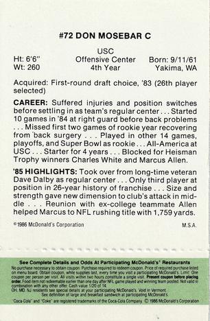 1986 McDonald's Los Angeles Raiders - Full Game Pieces Green Tab #NNO Don Mosebar Back