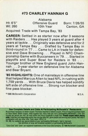 1986 McDonald's Los Angeles Raiders - Full Game Pieces Green Tab #NNO Charley Hannah Back