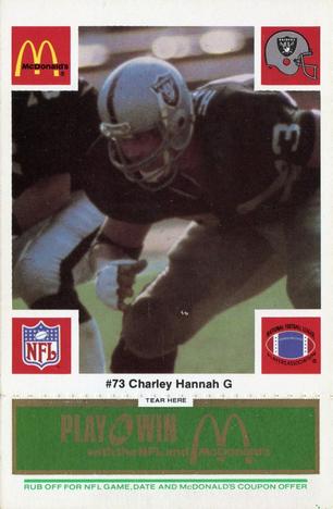 1986 McDonald's Los Angeles Raiders - Full Game Pieces Green Tab #NNO Charley Hannah Front