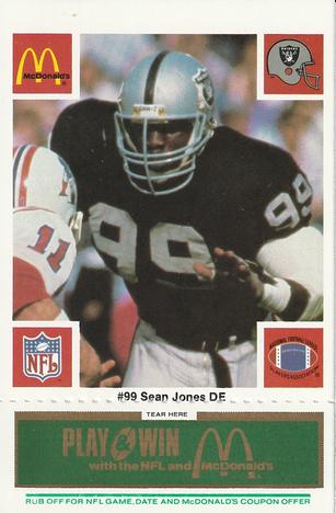 1986 McDonald's Los Angeles Raiders - Full Game Pieces Green Tab #NNO Sean Jones Front