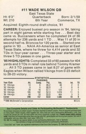 1986 McDonald's Minnesota Vikings - Full Game Pieces - Week 4 Green Tab #NNO Wade Wilson Back