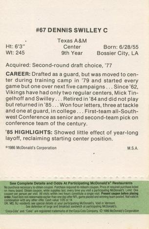 1986 McDonald's Minnesota Vikings - Full Game Pieces - Week 4 Green Tab #NNO Dennis Swilley Back