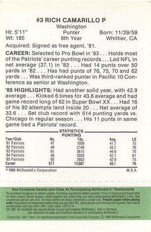 1986 McDonald's New England Patriots - Full Game Pieces - Week 4 Green Tab #NNO Rich Camarillo Back