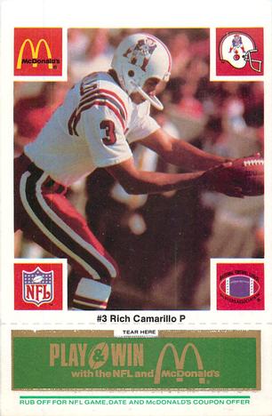 1986 McDonald's New England Patriots - Full Game Pieces - Week 4 Green Tab #NNO Rich Camarillo Front