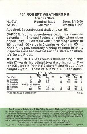1986 McDonald's New England Patriots - Full Game Pieces - Week 4 Green Tab #NNO Robert Weathers Back