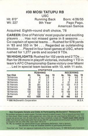 1986 McDonald's New England Patriots - Full Game Pieces - Week 4 Green Tab #NNO Mosi Tatupu Back
