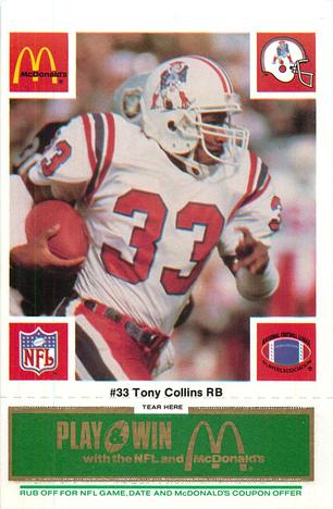 1986 McDonald's New England Patriots - Full Game Pieces - Week 4 Green Tab #NNO Tony Collins Front