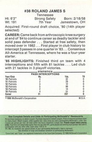 1986 McDonald's New England Patriots - Full Game Pieces - Week 4 Green Tab #NNO Roland James Back