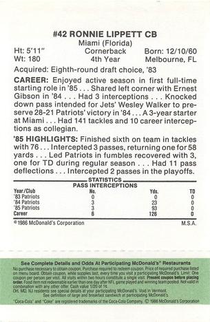 1986 McDonald's New England Patriots - Full Game Pieces - Week 4 Green Tab #NNO Ronnie Lippett Back