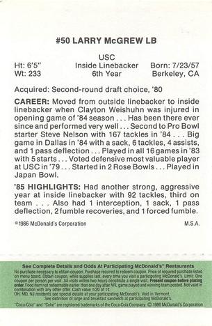 1986 McDonald's New England Patriots - Full Game Pieces - Week 4 Green Tab #NNO Larry McGrew Back
