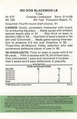 1986 McDonald's New England Patriots - Full Game Pieces - Week 4 Green Tab #NNO Don Blackmon Back
