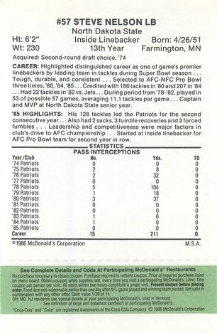 1986 McDonald's New England Patriots - Full Game Pieces - Week 4 Green Tab #NNO Steve Nelson Back