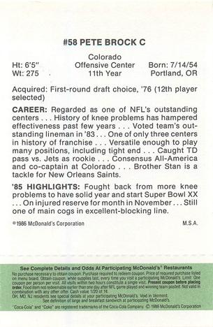 1986 McDonald's New England Patriots - Full Game Pieces - Week 4 Green Tab #NNO Pete Brock Back