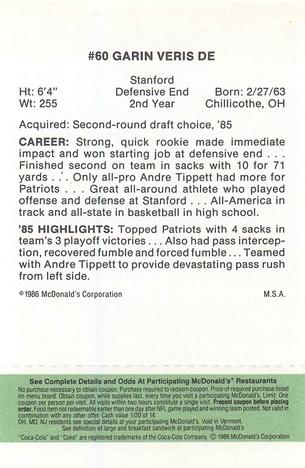 1986 McDonald's New England Patriots - Full Game Pieces - Week 4 Green Tab #NNO Garin Veris Back