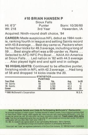 1986 McDonald's New Orleans Saints - Full Game Pieces - Week 4 Green Tab #NNO Brian Hansen Back