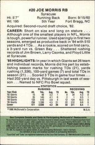1986 McDonald's New York Giants - Full Game Pieces - Week 4 Green Tab #NNO Joe Morris Back
