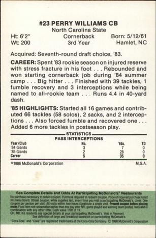 1986 McDonald's New York Giants - Full Game Pieces - Week 4 Green Tab #NNO Perry Williams Back