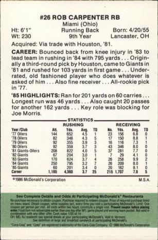 1986 McDonald's New York Giants - Full Game Pieces - Week 4 Green Tab #NNO Rob Carpenter Back