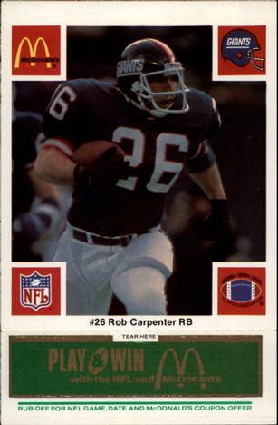 1986 McDonald's New York Giants - Full Game Pieces - Week 4 Green Tab #NNO Rob Carpenter Front