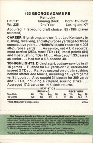 1986 McDonald's New York Giants - Full Game Pieces - Week 4 Green Tab #NNO George Adams Back