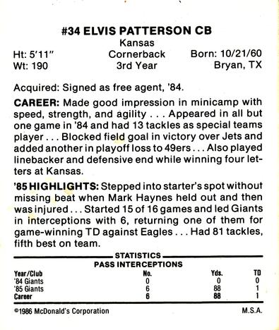 1986 McDonald's New York Giants - Full Game Pieces - Week 4 Green Tab #NNO Elvis Patterson Back