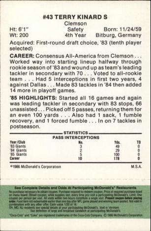 1986 McDonald's New York Giants - Full Game Pieces - Week 4 Green Tab #NNO Terry Kinard Back
