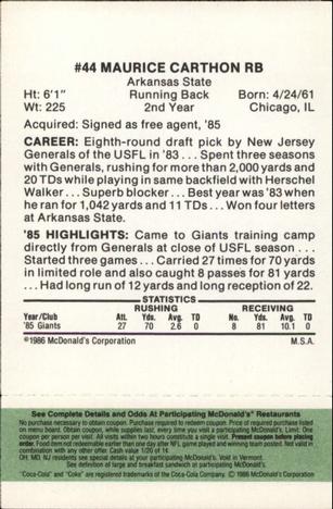 1986 McDonald's New York Giants - Full Game Pieces - Week 4 Green Tab #NNO Maurice Carthon Back