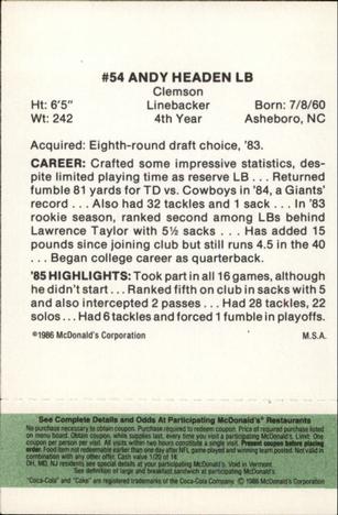 1986 McDonald's New York Giants - Full Game Pieces - Week 4 Green Tab #NNO Andy Headen Back