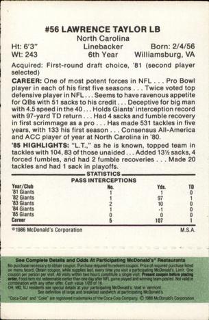 1986 McDonald's New York Giants - Full Game Pieces - Week 4 Green Tab #NNO Lawrence Taylor Back