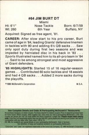 1986 McDonald's New York Giants - Full Game Pieces - Week 4 Green Tab #NNO Jim Burt Back