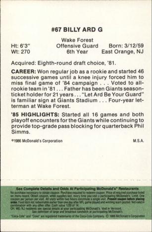 1986 McDonald's New York Giants - Full Game Pieces - Week 4 Green Tab #NNO Billy Ard Back