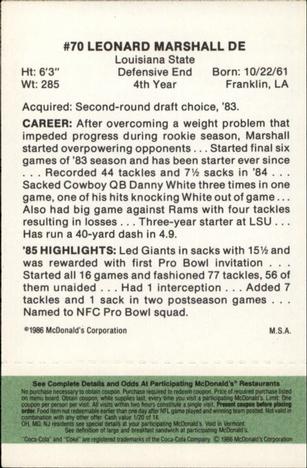 1986 McDonald's New York Giants - Full Game Pieces - Week 4 Green Tab #NNO Leonard Marshall Back