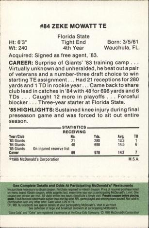 1986 McDonald's New York Giants - Full Game Pieces - Week 4 Green Tab #NNO Zeke Mowatt Back