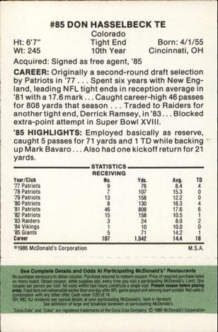 1986 McDonald's New York Giants - Full Game Pieces - Week 4 Green Tab #NNO Don Hasselbeck Back