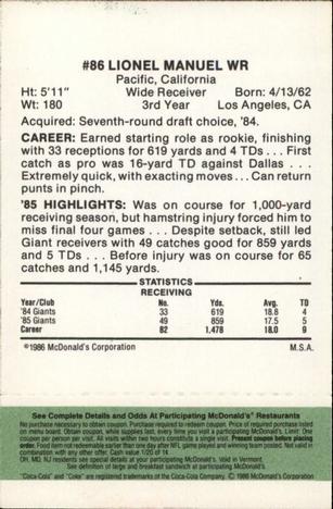 1986 McDonald's New York Giants - Full Game Pieces - Week 4 Green Tab #NNO Lionel Manuel Back